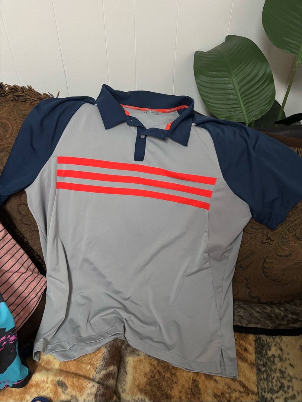 adidas Light Gray and Navy Polo with Bright Orange Trim